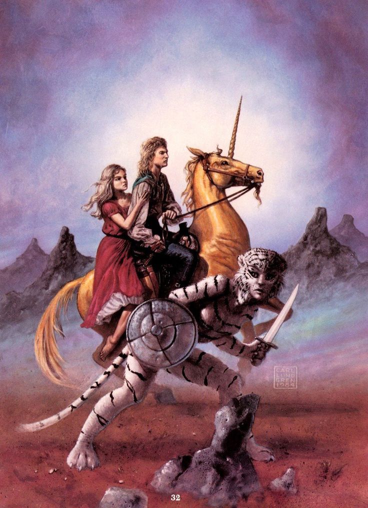 two people riding on the back of a horse next to a white tiger and other animals