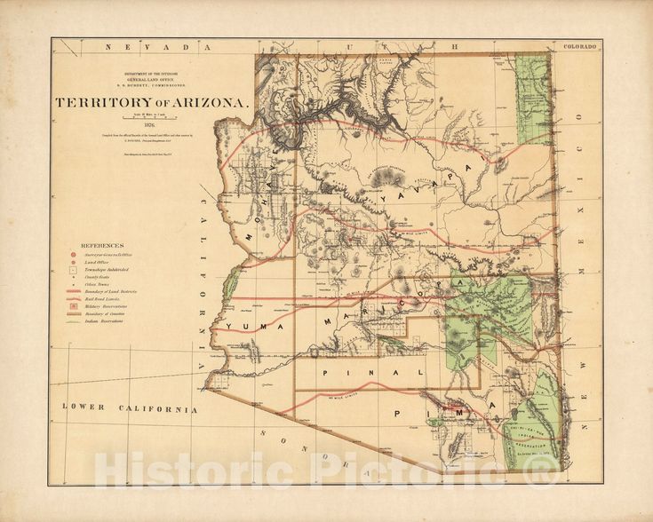 Historic Map : Territory of Arizona 1876 - Vintage Wall Art Map Of Arizona, Arizona Map, Restoration Hardware Home, Land Surveying, Old Wall, Old Maps, Historical Characters, State Map, Historical Maps