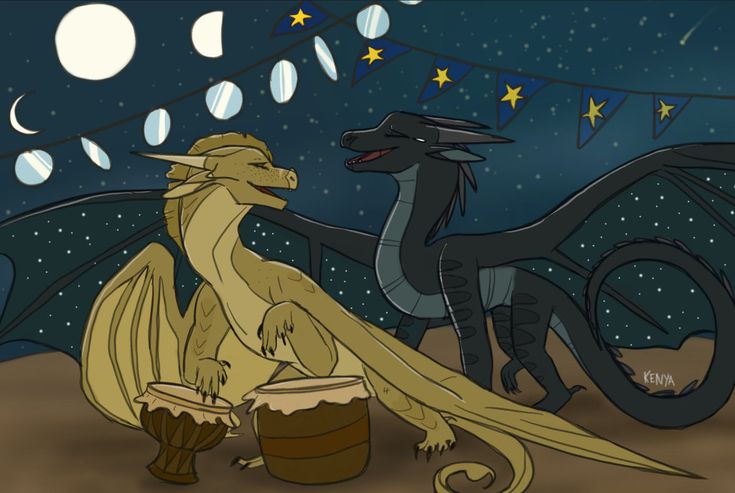 two dragon like creatures sitting next to each other in front of a night sky with stars