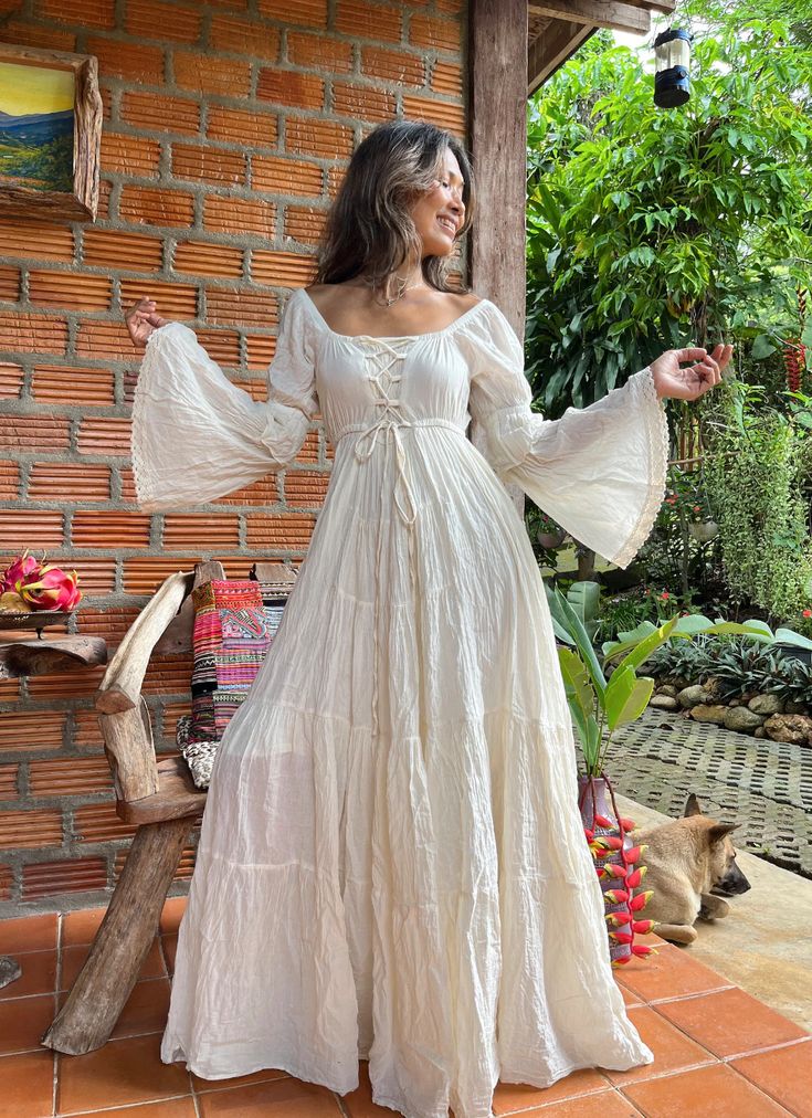 Handmade Smocked Boho off Shoulder Dress/beach Maxi Dress/bohemian White Wedding Dress/romantic White Maxi Dress/wide Sleeve Wedding Dress. - Etsy Maxi Wedding Dress, Cotton Wedding Dresses, Flowy Bohemian Dresses, Angel Sleeves, Boho Layering, Long White Dress, Maxi Dress Wedding, Long Sleeve Maxi, Bohemian Dress