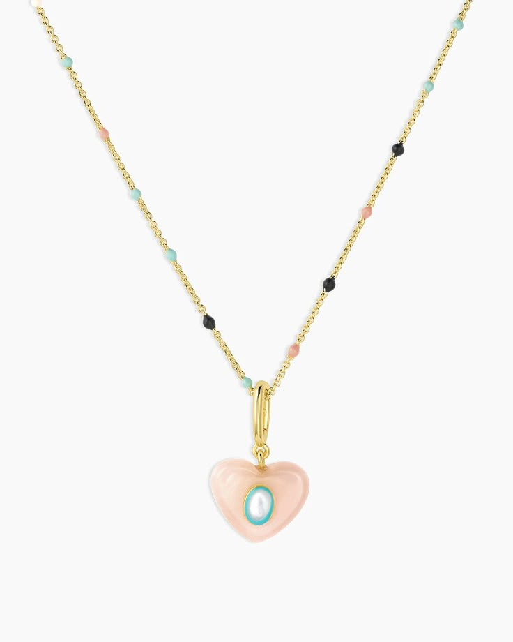 Featuring dainty enamel beads for a subtle pop of color, and a meaningful rose quartz heart charm, the Heart Capri Necklace is the perfect way to personalize your everyday look. Easy to love and fun to layer, this 19" necklace is a must-have style in your jewelry collection. Heart Capri Necklace, 18k Gold, Women's by gorjana Gorjana Jewelry Necklace, Layering Gold Necklaces, Starfall Dress, Oliver Bonas Jewellery, Mediterranean Jewelry, Gorjana Necklace, Unique Jewelry Vintage, Earrings Stacking, Gorjana Jewelry