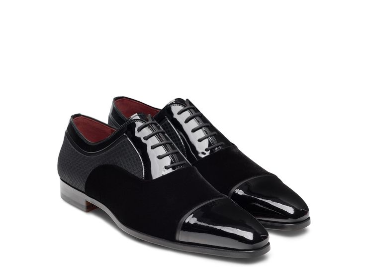 Make a statement at any formal event with the Obsidian, a dapper tuxedo Oxford designed to turn heads. This exquisite shoe features a masterful blend of four luxurious leathers—napa, velvet, patent, and jacquard—intricately interwoven to create a truly unique and polished appearance. Each texture adds depth and sophistication, making the Obsidian a standout choice for the red carpet or any black-tie affair. Elevate your formalwear with this unparalleled blend of elegance and craftsmanship. Luxury Fitted Leather Shoes With Rubber Heel Cap, Luxury Leather Oxfords For Parties, Luxury Patent Leather Evening Shoes, Luxury Black Cap Toe Leather Shoes, Luxury Patent Leather Wingtip Shoes, Black Leather Sole Dress Shoes For Wedding, Evening Patent Leather Shoes With Leather Sole, Designer Patent Leather Party Shoes, Designer Patent Leather Evening Shoes