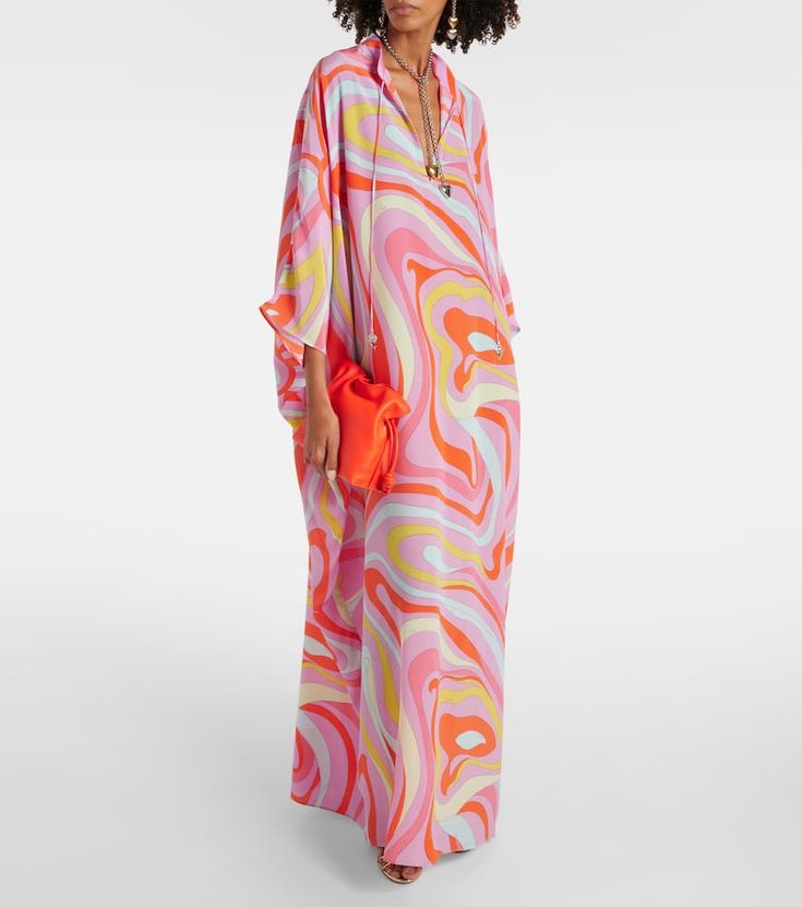 Designer Multicolor Silk Dress, Spring Silk Kaftan With Abstract Print, Silk Multicolor Kaftan With Vibrant Print, Silk Multicolor Print Kaftan For Vacation, Silk Kaftan With Multicolor Vibrant Print, Chic Multicolor Spring Kaftan, Pink Silk Kaftan For Vacation, Silk Multicolor Beachwear Kaftan, Vibrant Silk Kaftan