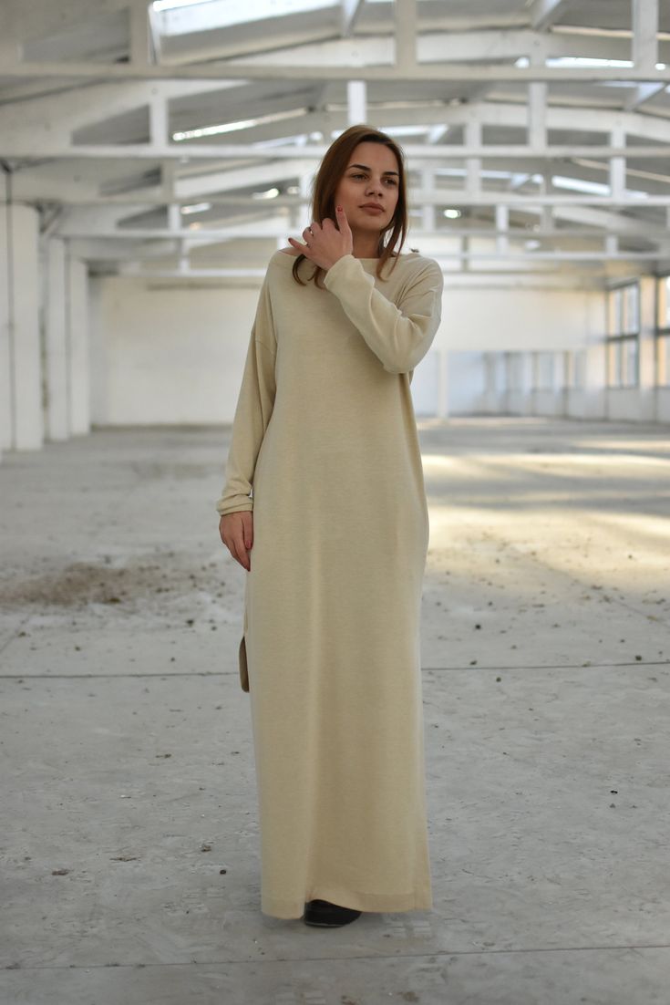 "Wool Long Dress, Ecru Sweater Dress, Winter Maxi Dress ◈ Stylish and chic fashion is our shared dream! You can be sure that this piece is made with a lot of love and craftsmanship. ◈ S I Z I N G ◈ The model wears size S and the length of the item is approximately 135 cm. This item is available from XS to 4XL. Please, have a look at my Size Chart below before placing your order. The model in the picture is 63'' (160 cm) tall. ◈ D E L I V E R Y ◈ This item will be shipped in up to 5 days after yo Casual Long Cream Midi Dress, Off White Long Sleeve Dresses For Daywear, Beige Long Sleeve Dress For Daywear, Cream Long Maxi Dress For Daywear, Long Cream Dress For Fall, Long Cream Dresses For Fall, Beige Tunic Dress For Fall, Cream Tunic Dress For Daywear, Cream Maxi Dress For Daywear