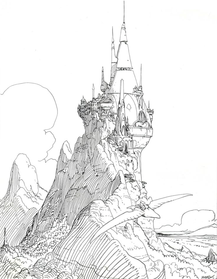 a drawing of a castle on top of a mountain