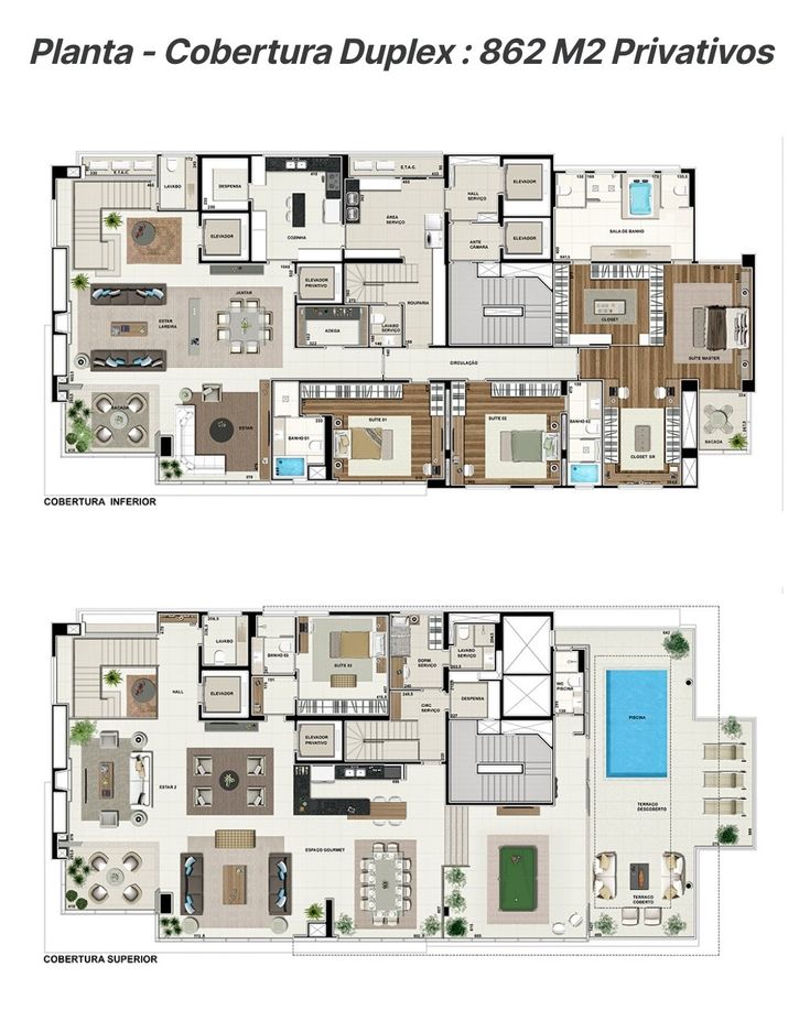 two floor plans with different rooms and furniture in the same room, one has a swimming pool