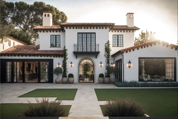 a large white house with lots of windows and plants on the front lawn, surrounded by greenery