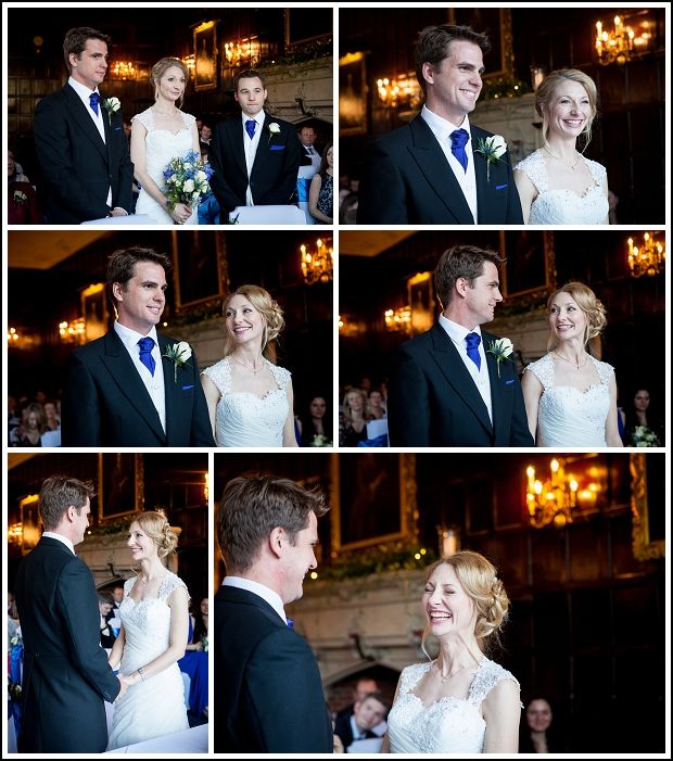 the bride and groom are smiling at each other