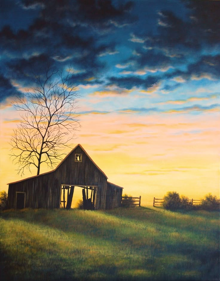 an oil painting of a barn and tree at sunset