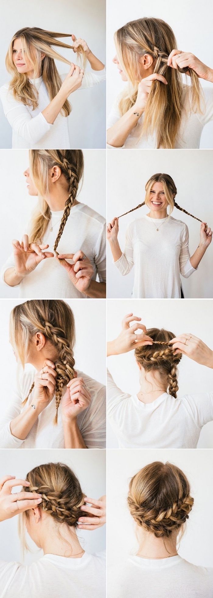 Half Up Half Down Braid White Shirt Step By Step Diy Tutorial Braided Updo Hair Styles Easy Hair Updos Cool Hairstyles