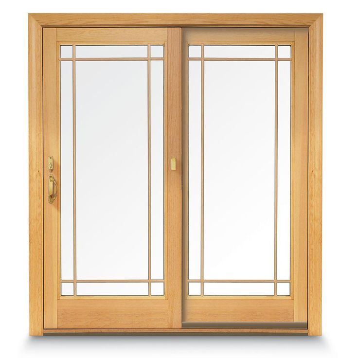 an open wooden door with glass panels on the outside and inside side, isolated against a white background