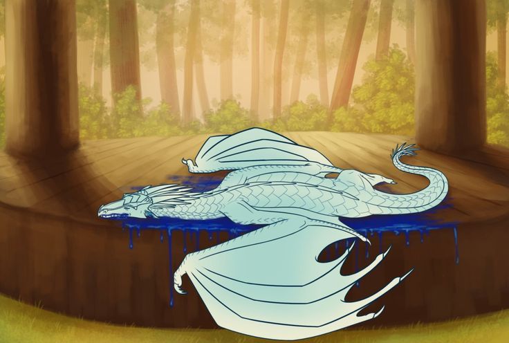 a white dragon sitting on top of a blue puddle in the middle of a forest