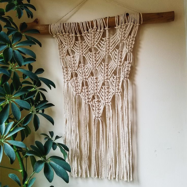 a macrame hanging on a wall next to a potted plant