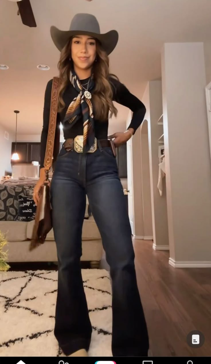 Western Outfit With Wild Rag, Go Western Day Outfit Women, Western Outfits Women Wild Rag, Rodeo Cookoff Outfit, Western Date Night Outfit Winter, Cold Cowgirl Outfit, Rodeo Outfits Jeans, Texas Rodeo Outfits For Women, Western Rodeo Outfits For Women