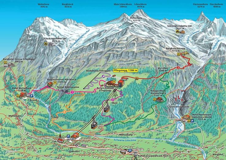 a map of the ski area in the mountains