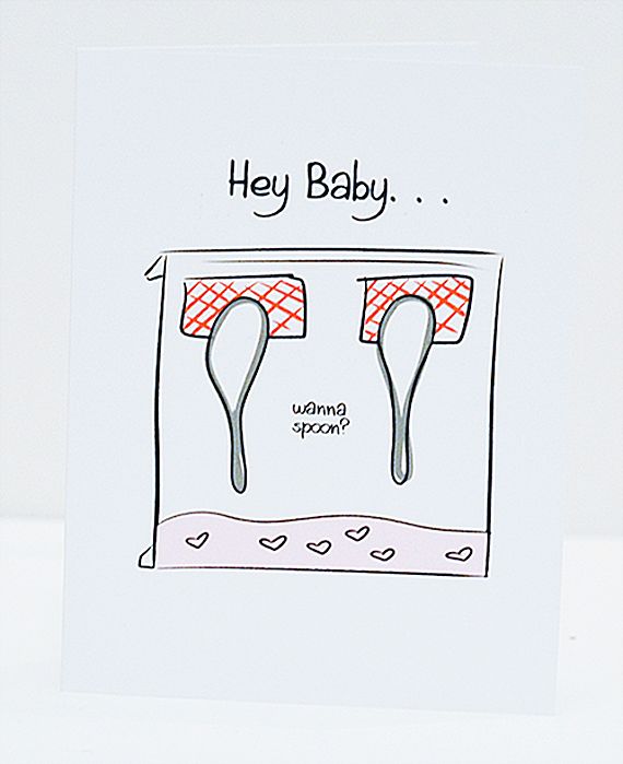 a card with two utensils on it and the words hey baby above them