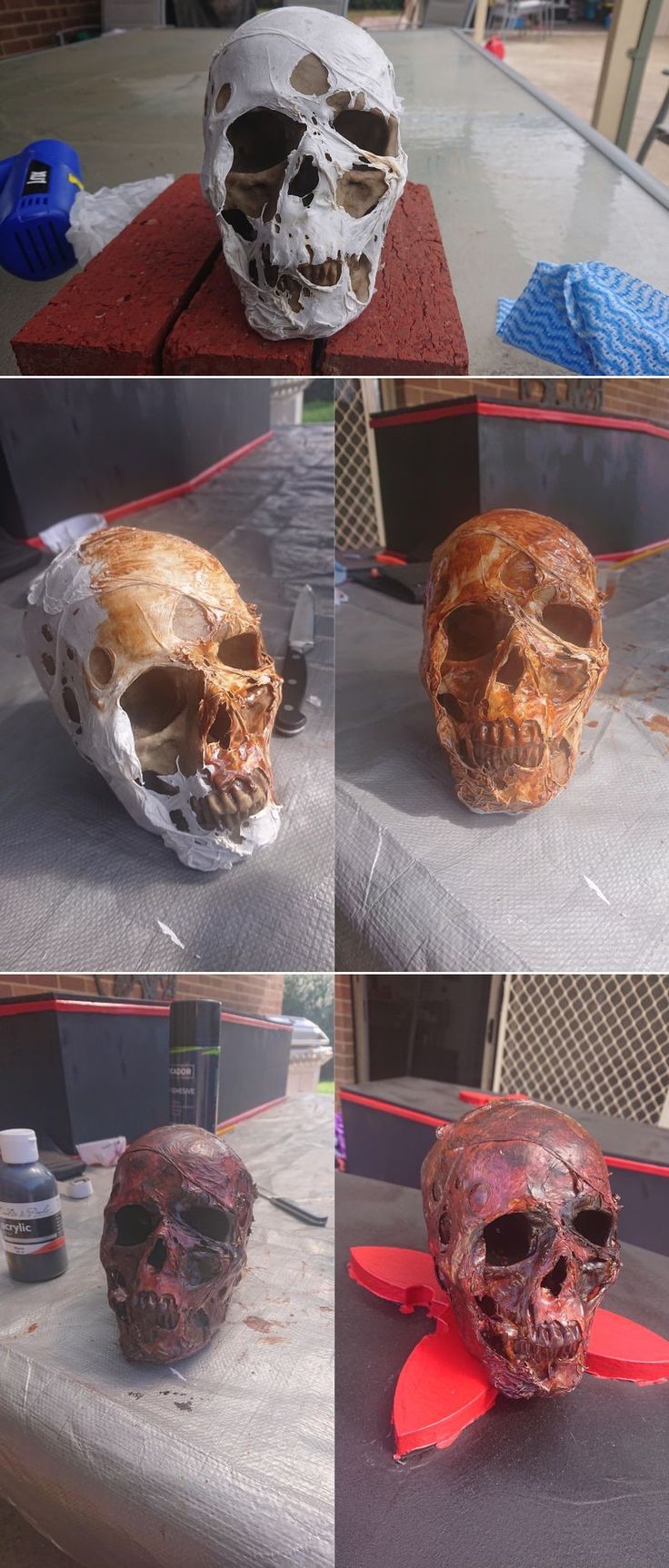 there are four different pictures of skulls on the table and behind them is a red object