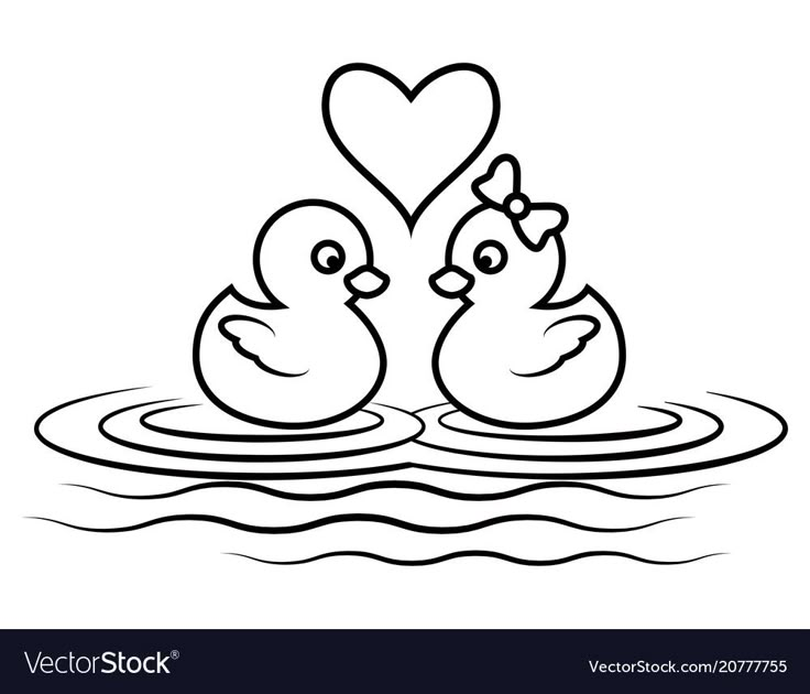 two rubber ducks in the water with heart shape on their foreheads coloring book page