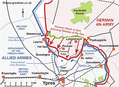 Map of the Ypres Salient to show the area of ground gained by the Germans by the end of the day on 22 April 1915. Ww1 Battlefield, Battle Of Ypres, Ww1 Trench, Noblesse Oblige, Ww1 Soldiers, Central Powers, Light Infantry, French Army, History Class