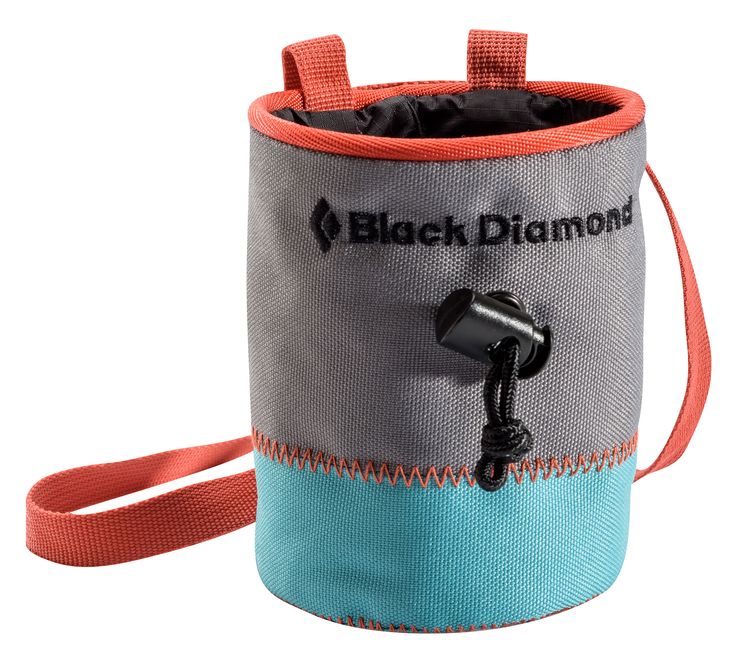 a black diamond bag with an orange handle and blue lining on the side, holding a hair dryer in it's pouch