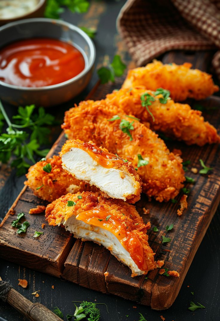 fried chicken with sauce and parsley on a cutting board