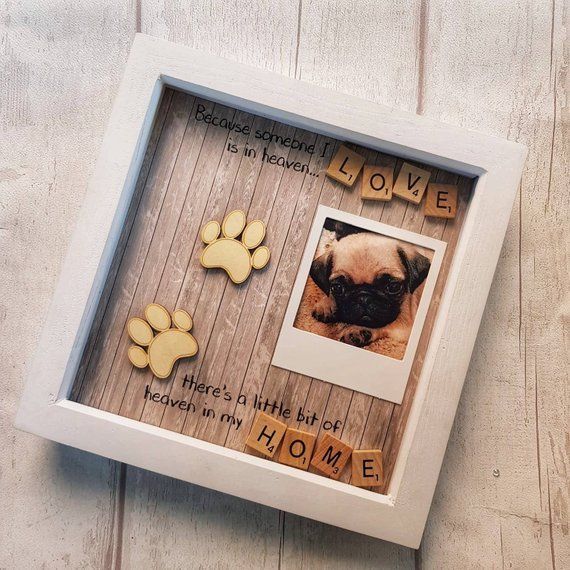 a dog's paw prints are placed in a frame with the words love and a photo of a pug