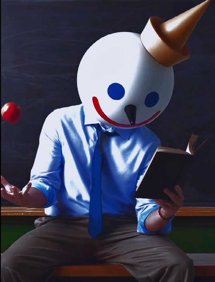 a man in a blue shirt and tie is wearing a paper mask while reading a book