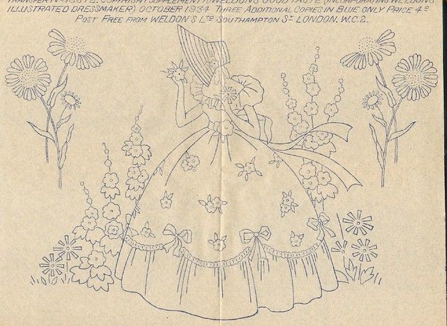 an old paper with a drawing of a woman in a dress surrounded by flowers and daisies