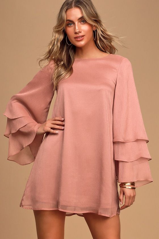 Dusty Pink Dress, Pretty Midi Dresses, Pink Long Dress, Long Sleeve Skater Dress, Black Jeans Outfit, Statement Sleeves, Long Sleeve Shift Dress, Pink Collection, Modest Clothing