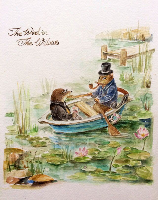 a painting of two bears in a boat on water with lily pads and reeds