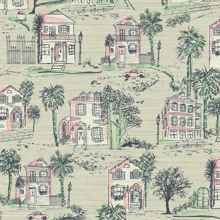 a wallpaper with houses and palm trees