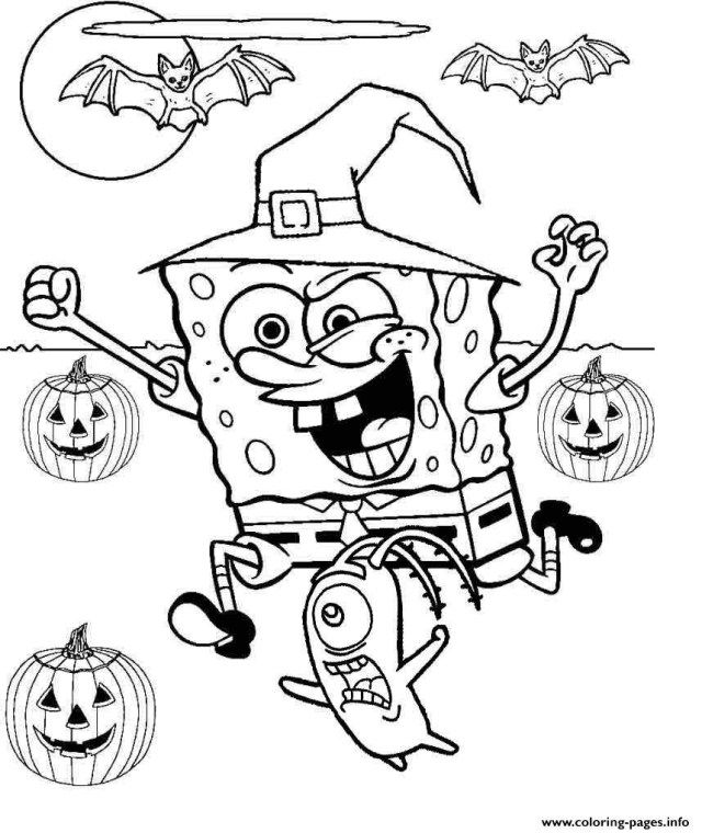 spongebob halloween coloring pages with pumpkins and jack o lanternes in the background