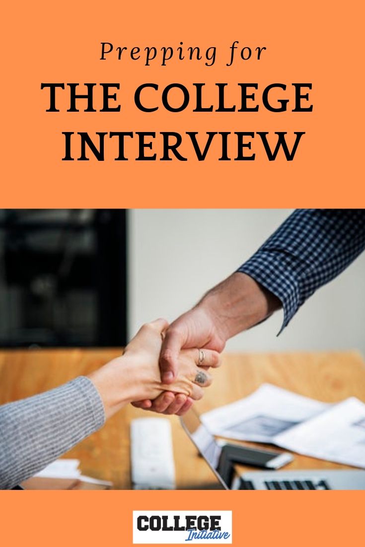 an orange book cover with two hands shaking each other's hand and the title prepping for the college interview