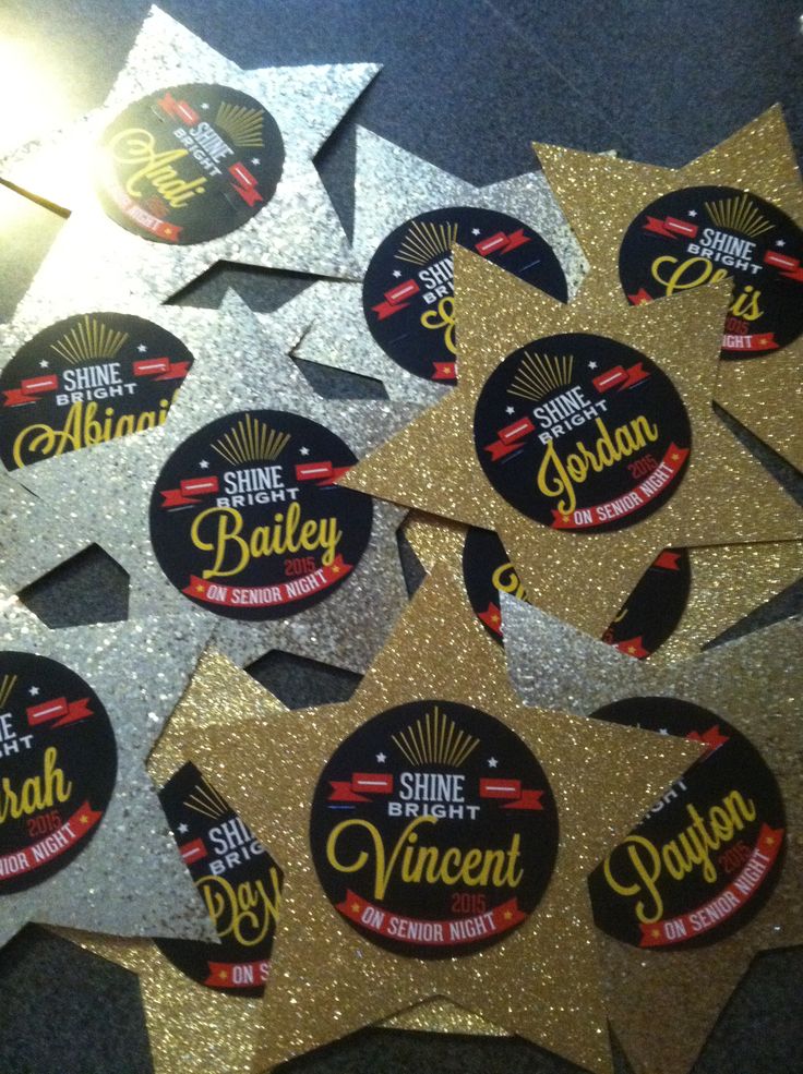 six shiny gold and silver stickers with the words shine by bailey written on them