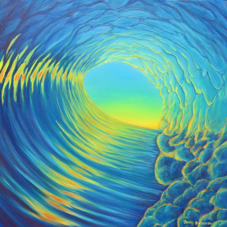 the inside of a blue and yellow painting with waves coming out from it's center