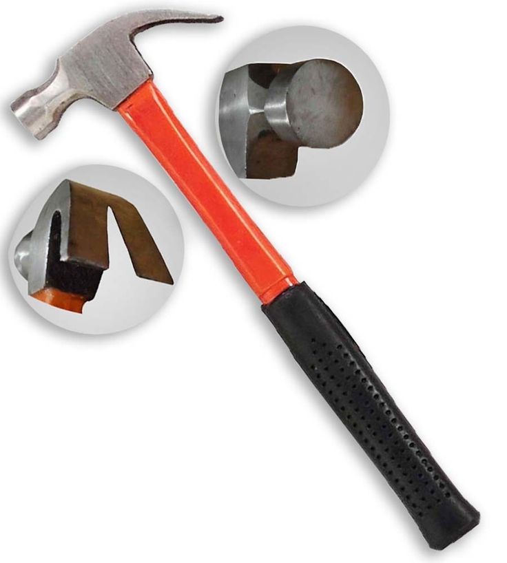 an orange and black hammer with two pictures of the tools in front of it,