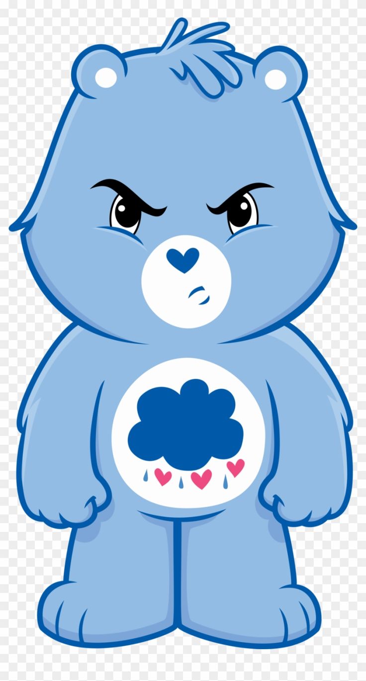 a blue teddy bear with hearts on its chest and eyes, holding a cloud in the shape of a heart