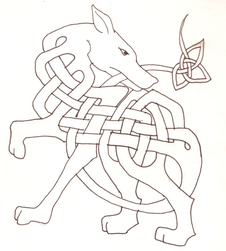 a drawing of a dog with a celtic knot around it's neck and head