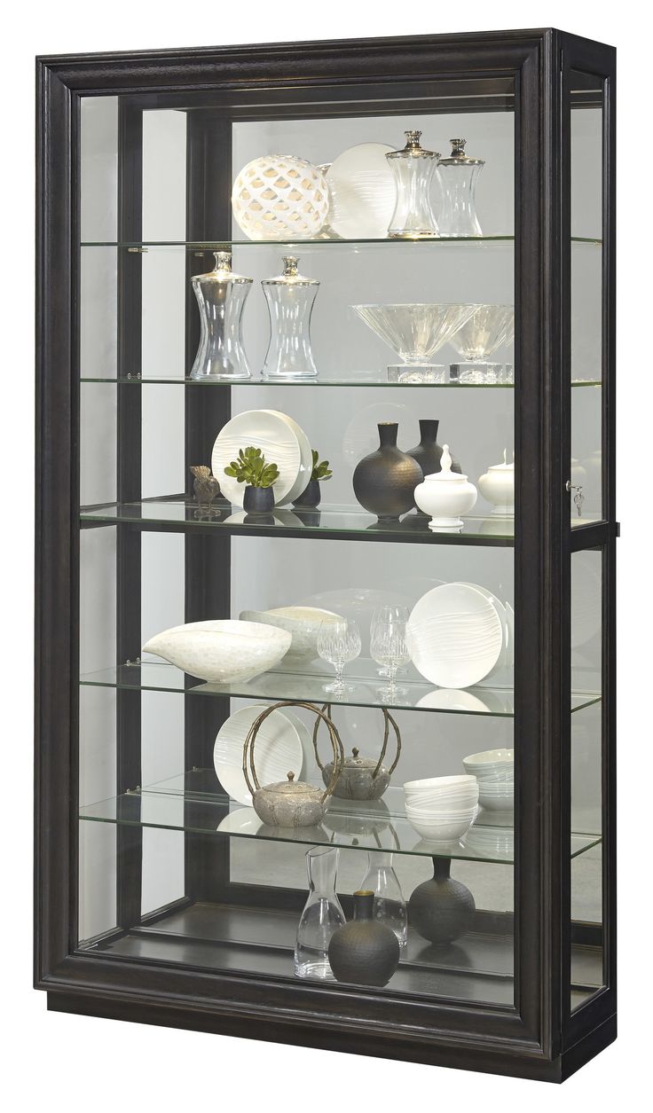 a display case with glass doors and shelves