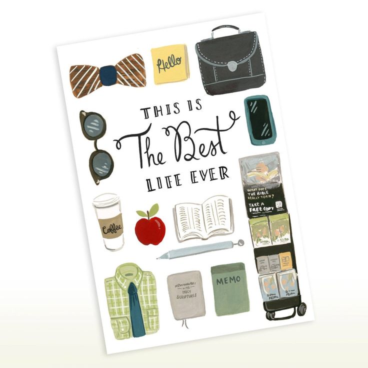 this is the best life ever card with an image of books, glasses and other items