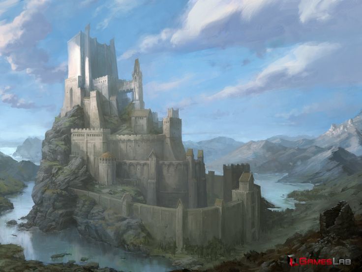 a painting of a castle in the middle of a mountain with water and mountains behind it