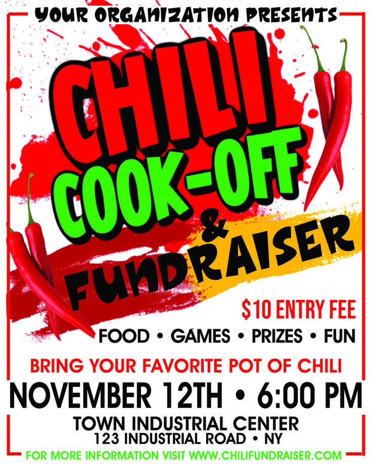 an advertisement for the chili cook - off and fundraiser event, with red peppers on it