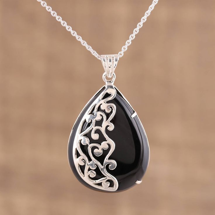 Onyx pendant necklace, 'Mystical Dangle' #Sponsored #pendant, #Onyx, #necklace, #Paid Onyx Pendant, Metal Clay Jewelry, Self Control, Sterling Silver Necklace Pendants, Bijoux Diy, Sea Glass Jewelry, Silver Pendants, Metal Pendant, Silver Pendant Necklace