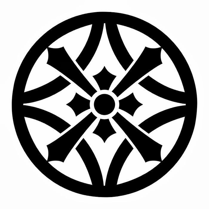 a black and white circular design with four pointed crosses in the center, on a white background