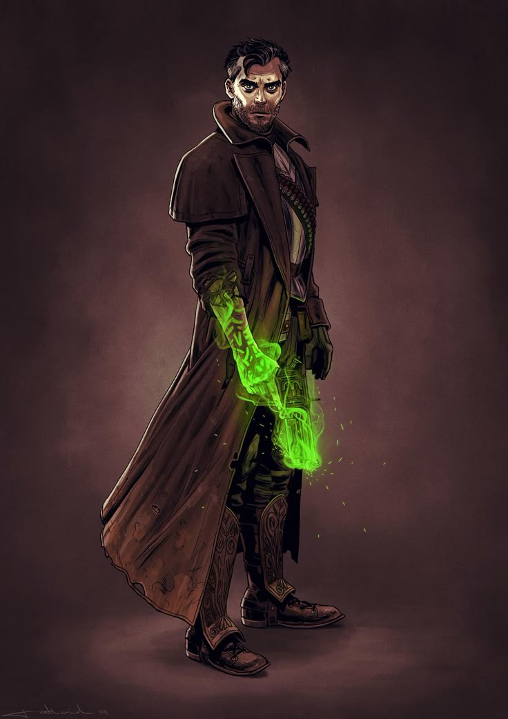 a man in a trench coat and green glowing gloves