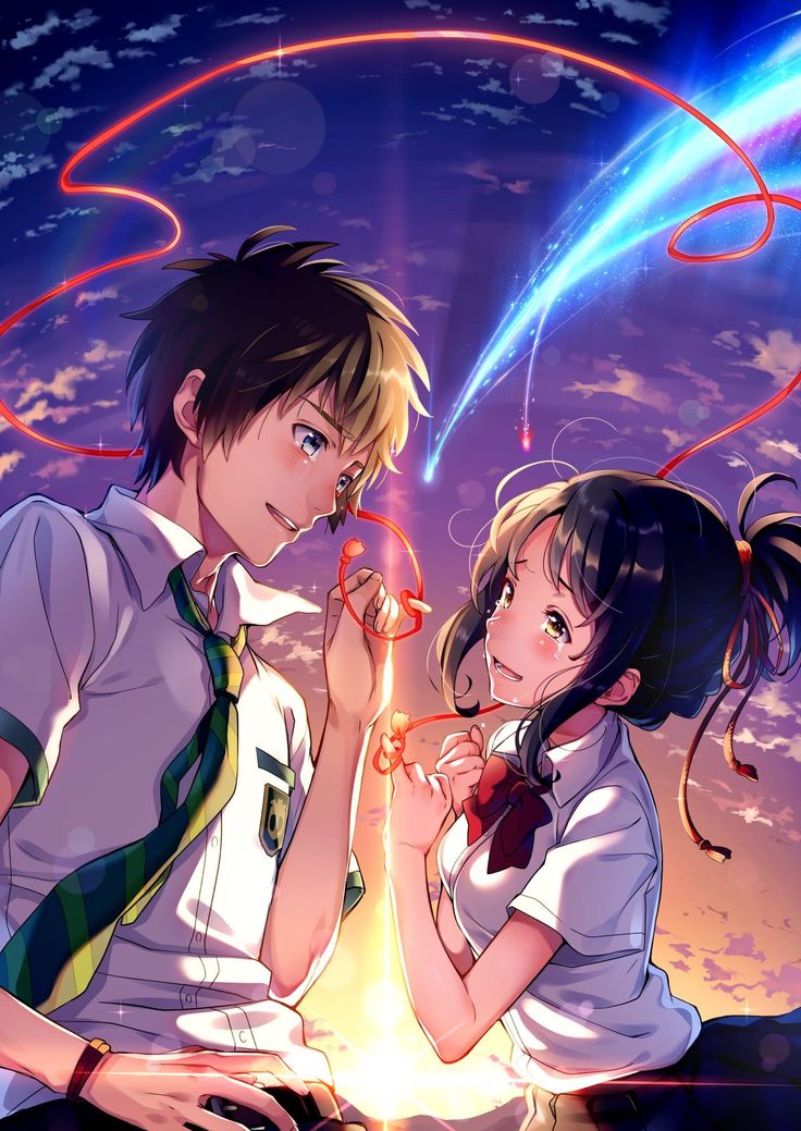 two anime characters standing next to each other in front of a sky with clouds and stars