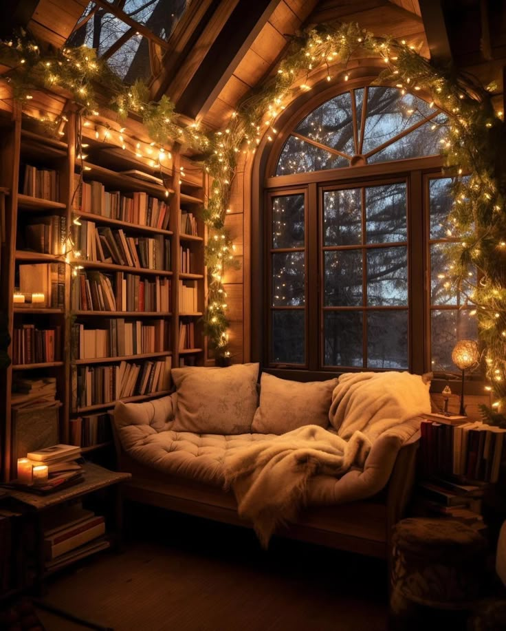 a cozy living room with bookshelves and christmas lights on the windows sill