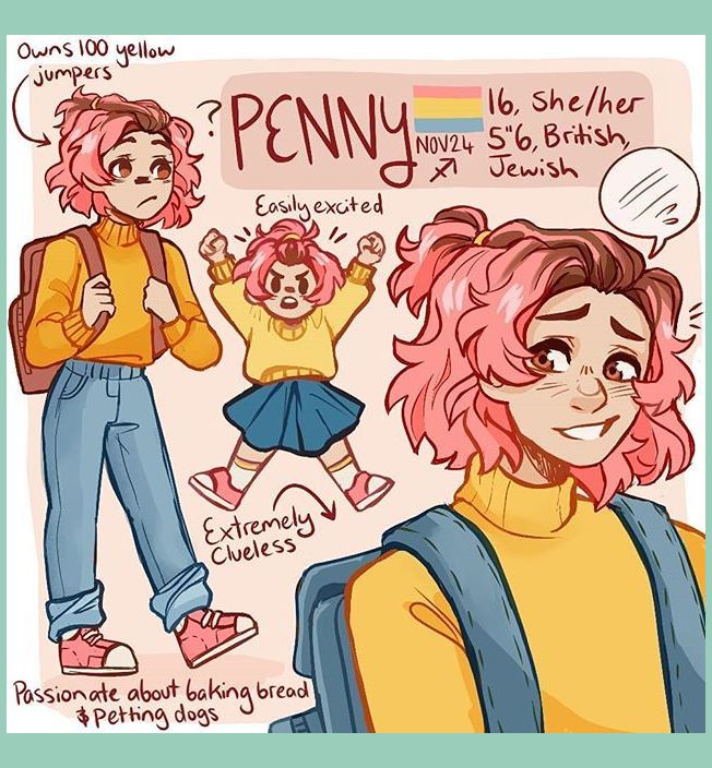 a girl with pink hair and blue overalls is standing in front of a sign that says penny