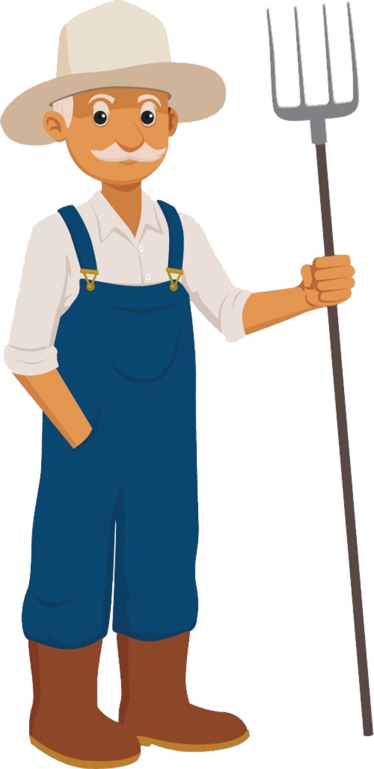 a man in overalls holding a pitchfork and wearing a hat with his hand on the handle