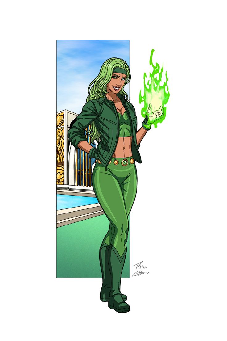 a drawing of a woman in green with flames on her chest and hands behind her back